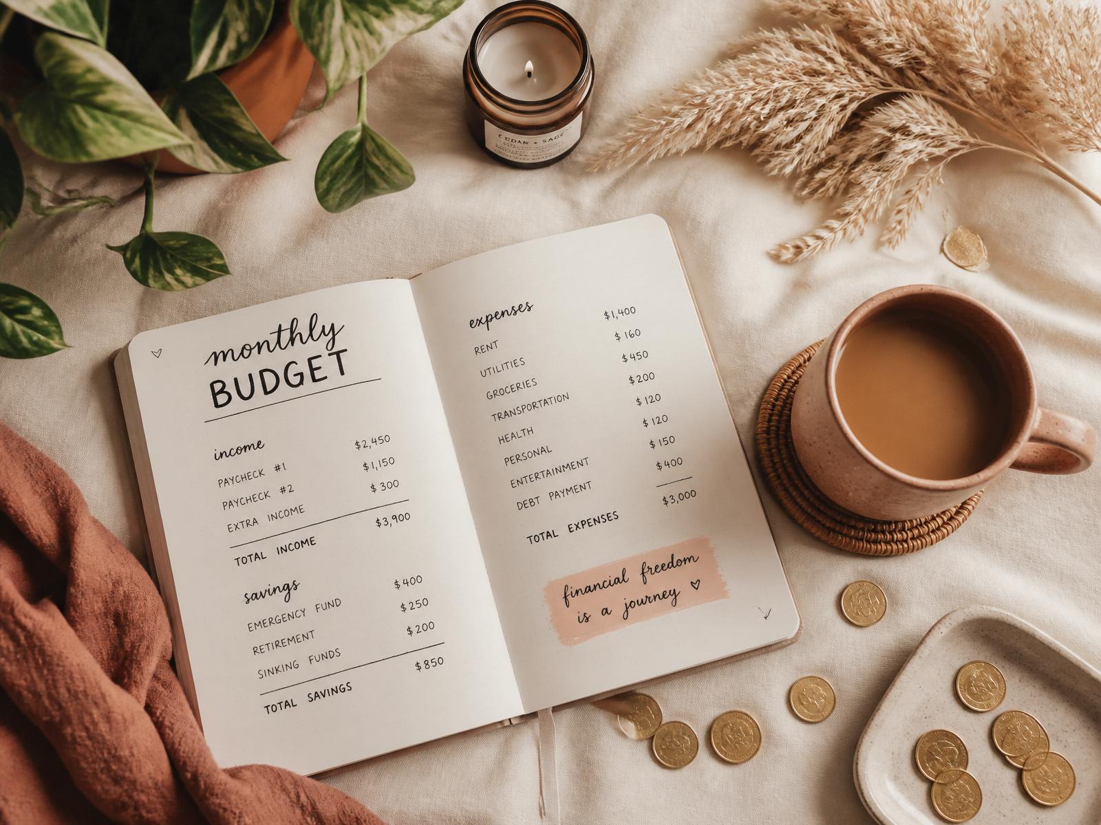 Cozy flat lay with a monthly budget notebook, coffee, and pampas grass
